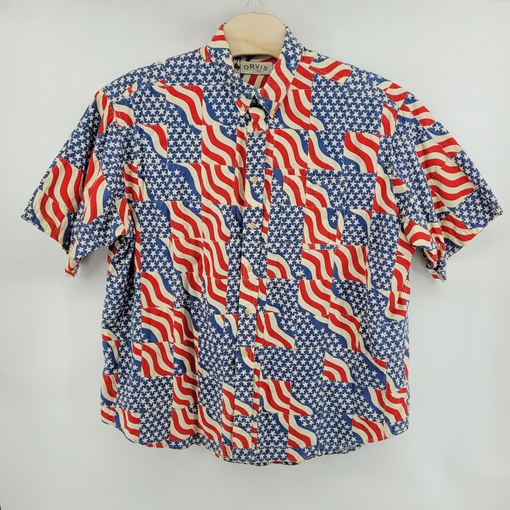 ORVIS American Flag Patchwork Shirt Mens XXL Short Sleeve 100% Cotton Button Up